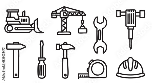 Construction and Repair Tools Black and White Icons Set Illustration