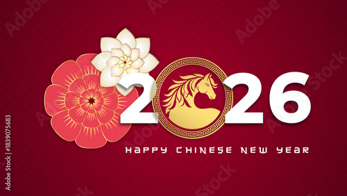 Chinese New Year 2026 Greeting for Golden Horse Zodiac with Floral Decoration