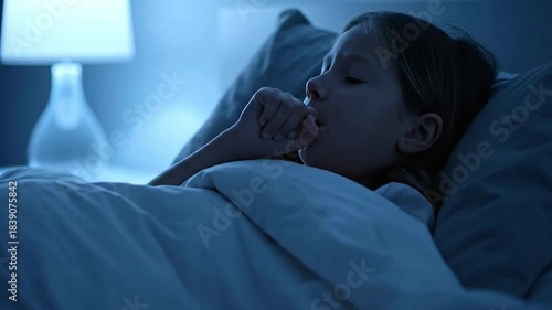 Young Girl Coughing in Bed at Night Under Soft Lamplight With Blue Tinge