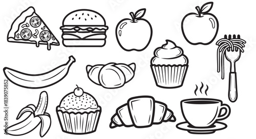Delicious food outlines including pizza burger bananas cupcake and croissant design