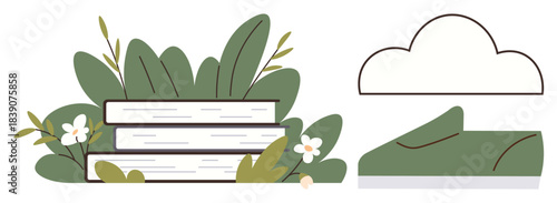 Books placed amidst lush green plants and flowers suggest learning and connection to nature, complemented by a cloud evoking imagination. Ideal for education, sustainability, creativity, mindfulness