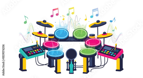 Colorful electronic drum kit with cymbals and musical notes illustration 1.