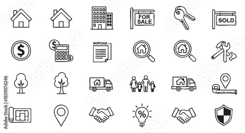 Doodle style icons representing real estate and property investment and finance