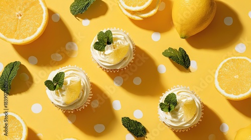 Flat lay with lemon cupcakes citrus slices mint leaves and a yellow polka-dot backdrop fresh and zesty