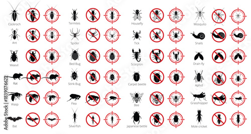 Pest control icons set. Prohibited insects, animals, and bugs vector set. Extermination, forbidden, or no-pest signs