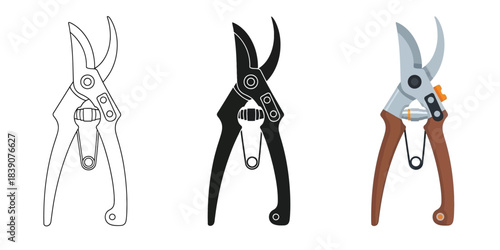 Three pruning shears icons outline, silhouette, and color illustration