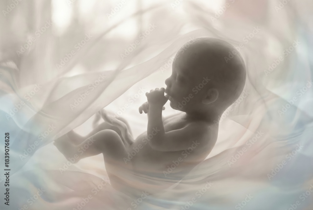 Naklejka premium Fetus developing inside a light, flowing, abstract womb, symbolizing new life, pregnancy, and fertility concepts for hopeful parents and medical advancements