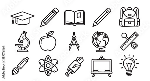 Education icons set with graduation cap pencil microscope and apple