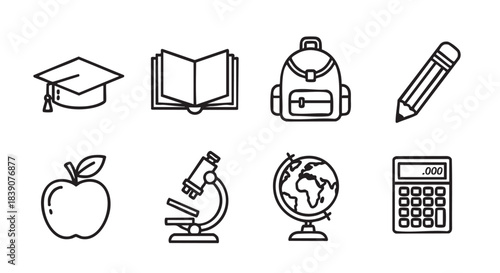 Education symbols in line art with graduation cap book and microscope