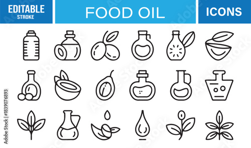 Modern Outline Food Oil Icon Pack Featuring Bottles, Plants, Seeds, Nuts, Oil Drops, Natural Elements, and Culinary Ingredients