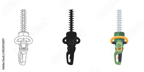 Hedge trimmer head icon set outline, silhouette, and color illustration