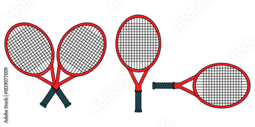 Red tennis racket illustrations shown in a clean and modern vector style. Detailed sports equipment design perfect for athletic branding or training graphics. Colorful rackets ideal for logos, posters