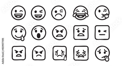 Emoji Line Art Icons Showing Various Emotions and Facial Expressions