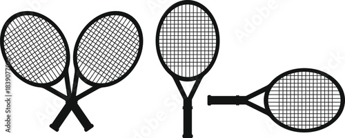 Black tennis racket silhouettes shown in a clean minimal style. Classic sports equipment illustration perfect for training or athletic design projects. Simple vector rackets ideal for logos and icons.