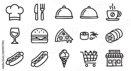 Food and Beverage Outline Icons Seamless Pattern on White Background