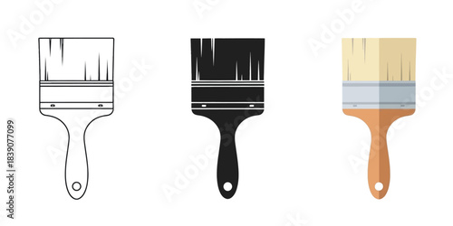 Three paint brushes icons outline, silhouette, and color flat design