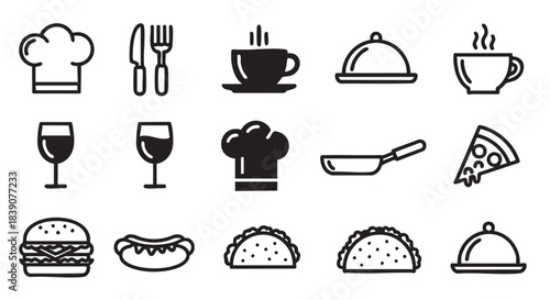Food and drink icons including burger hotdog wine knife fork