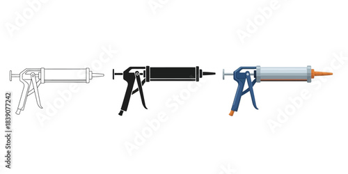 Three caulking guns outline, silhouette, and color