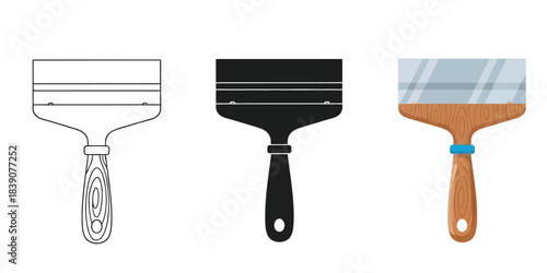 Three paint brushes icons outline, silhouette, and color illustration
