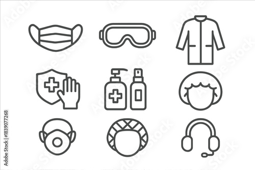 Medical and personal protective equipment line icons for hygiene and safety