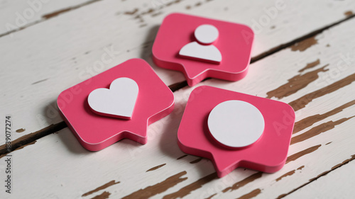 Social Media Interaction Icons – Pink Speech Bubbles with Heart, Profile, and Notification Symbols