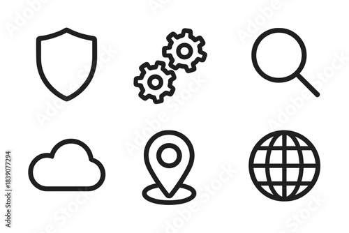 Outline icons for security settings search cloud location and global network