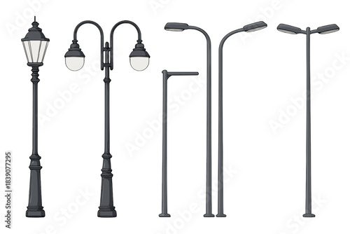 Assortment of antique and contemporary street lamp posts for urban lighting