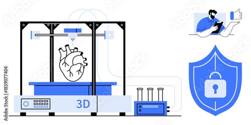 Healthcare innovation, cybersecurity, tech advancements, digital privacy, engineering, biotechnology. 3D printer creating a human heart with shield and user interface. Healthcare innovation