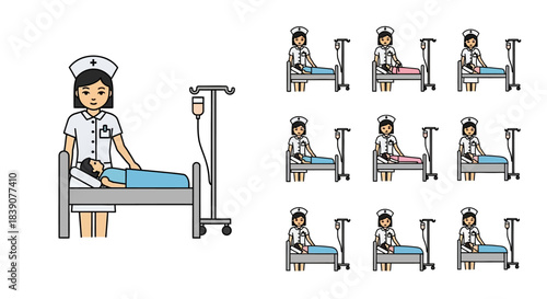 A nurse cares for a patient in a hospital bed with an IV drip, illustrating healthcare and medical attention.