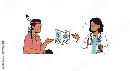 An Indigenous person and a doctor discuss health information, bridging traditional and modern medical knowledge.