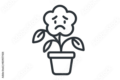 Sad potted flower icon with drooping leaves and unhappy face