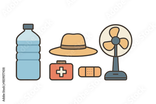 Essential items for summer heat safety including water bottle hat first aid and fan