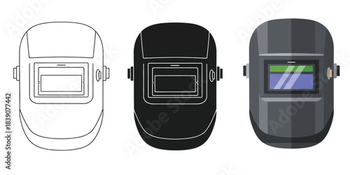 Three welding masks icons outline, solid black, and colored auto darkening helmet