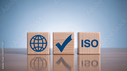 ISO Certification Concept – Wooden Blocks with Global, Approval, and Compliance Icons on Blue Background