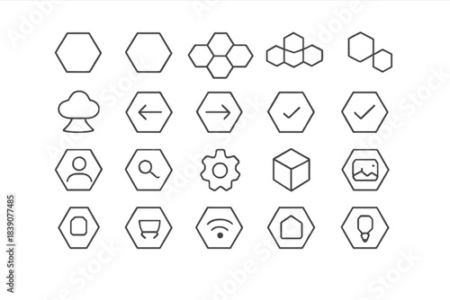 Outline geometric icons based on hexagon shapes for interface design elements