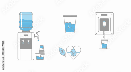 Illustration of water dispensers, cups, and environmental icons related to hydration and sustainability.
