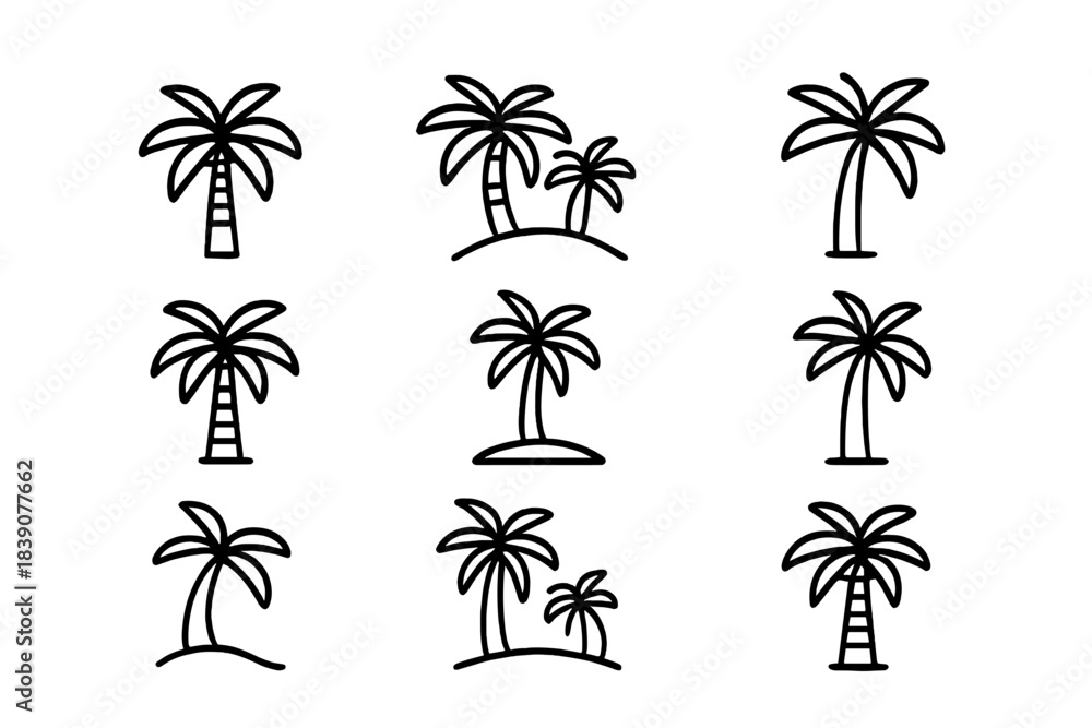 Fototapeta premium Nine simple black outline icons depicting various palm tree shapes