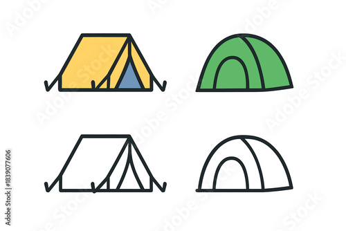 Set of camping tent icons in outline and filled styles for outdoor design
