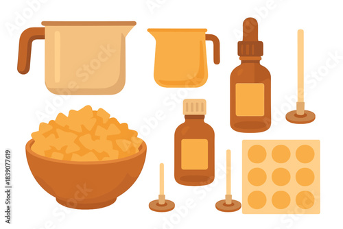 Candle making supplies with wax chips and essential oil bottles