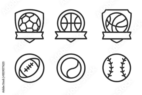 Six black outline sports ball icons featuring shield and banner emblems