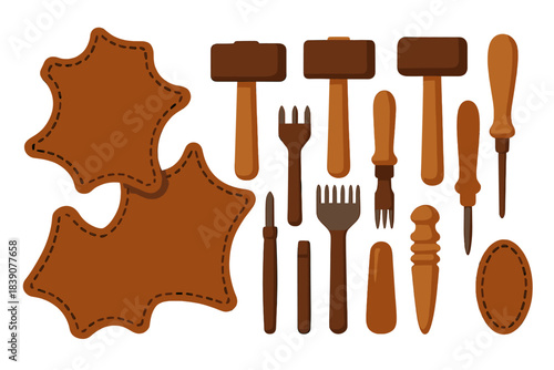 Essential leather crafting tools and pre-cut stitched leather blanks collection