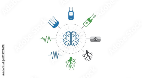 A detailed illustration depicting a central brain icon surrounded by various scientific and technological elements, symbolizing neuroscience, brain-computer interfaces, and data analysis.