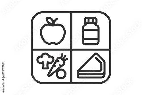 Set of icons representing major food groups including produce and supplements
