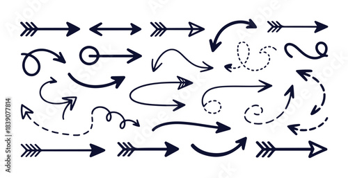 Set of hand drawn various black doodle arrows, pointing in different directions