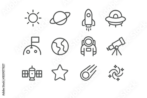 Set of simple outline icons representing space exploration and celestial bodies