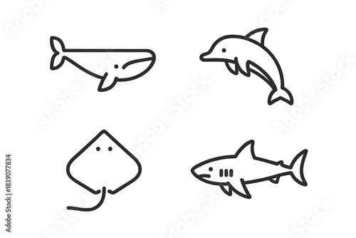 Four simple outline icons of marine mammals and fish