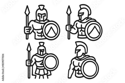 Four stylized ancient Spartan warrior icons featuring spear and shield