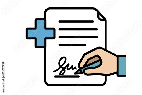Hand signing official document with blue medical cross symbol