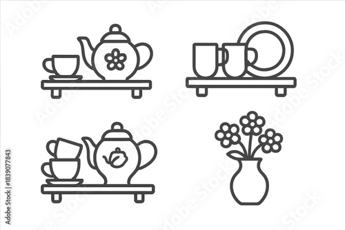 Minimalist line icons depicting tea service elements and floral vase arrangement