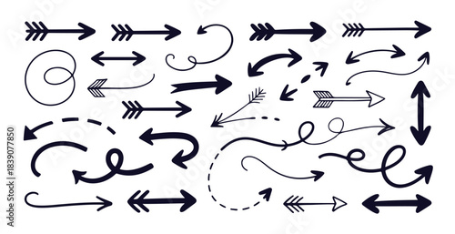 Collection of hand drawn doodle arrows pointing in various directions on white background